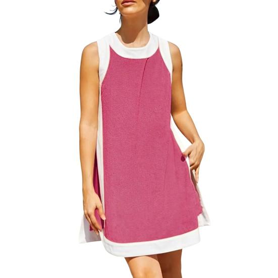 Комплект из двух вещей для женщин Летние наряды в стиле бохо с цветными блоками Без рукавов Круглый вырез Разрез сбоку Мини-платье Повседневные комплекты с шортами для отдыха