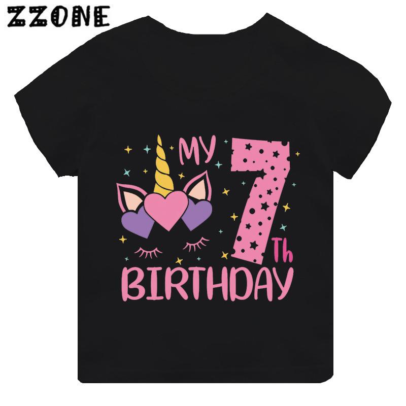 My 1 2 3 4 5 6 7 8 9 th Years Birthday Unicorn Print Cute Girls Clothes Summer Short Sleeve Kids T shirt Baby Boys TShirts