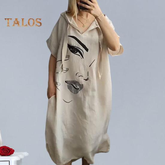 Женское платье с принтом лица, свободное платье с капюшоном и шнурком в богемном стиле с короткими рукавами, городской стиль, пуловер с разрезом по краю и боковым карманом, платье миди длиной до середины икры