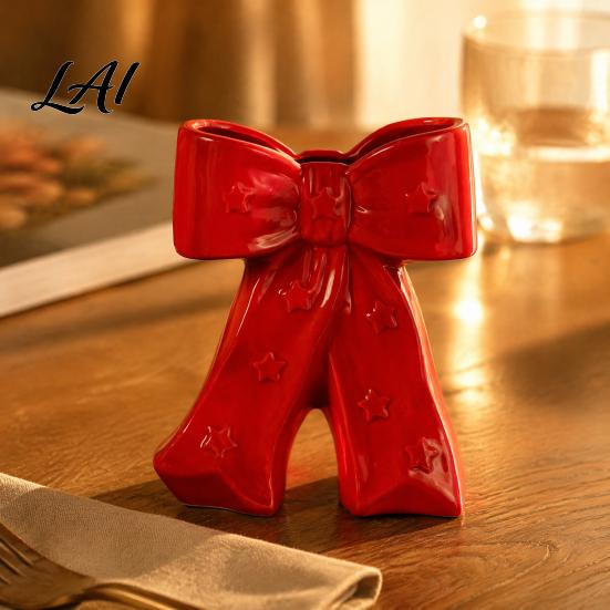 French Style Bow Vase Ceramic with Star Decorative Flowers Vase Creative Flower Chic Room Decor Gifts Arrangement Holder for Living Table