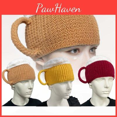 Трендовая 3D вязаная шапка-бини в виде пивной кружки для зимнего тепла желтого, винно-красного и хаки цветов