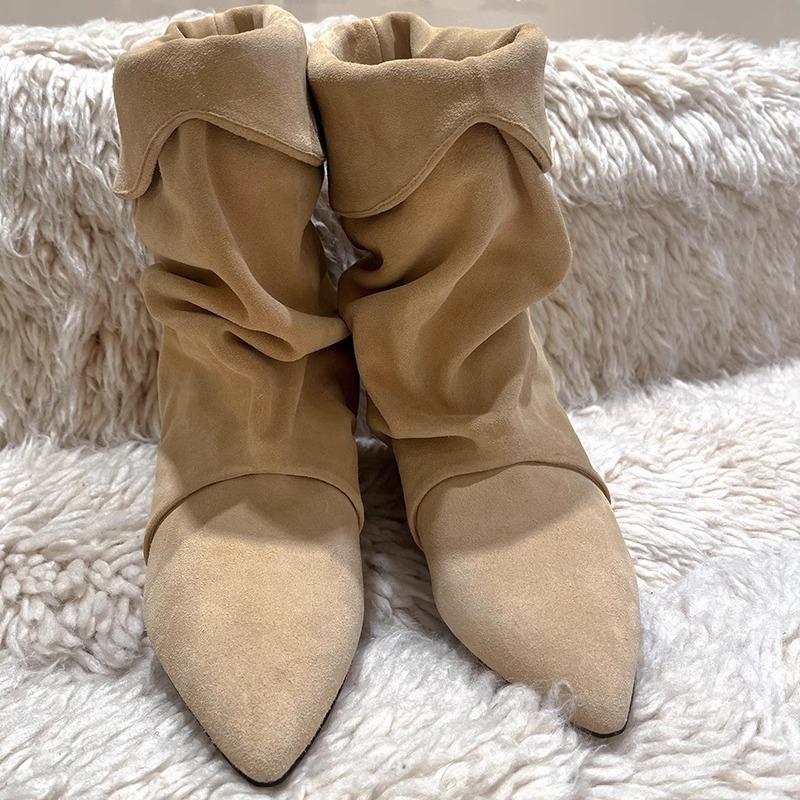 Sheepskin Version~ Pointed Cat Heel Fold Pile Boots Women's Autumn and Winter New Fashion Casual Western Boots Versatile Short Boots