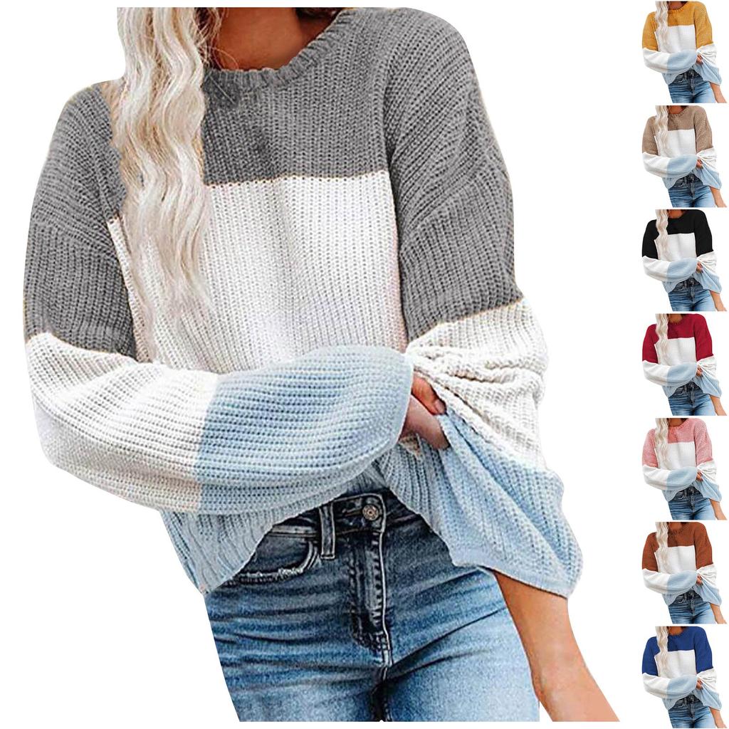 Женская мода повседневный цветной пэчворк свитер длинный рукав пуловер свитер топ