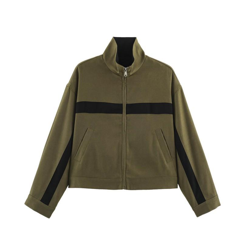 ZA Womens 2026 Fall Fashion Jacket 7 Colors Contrast Stand Collar Zip Slim Fit Casual Outerwear