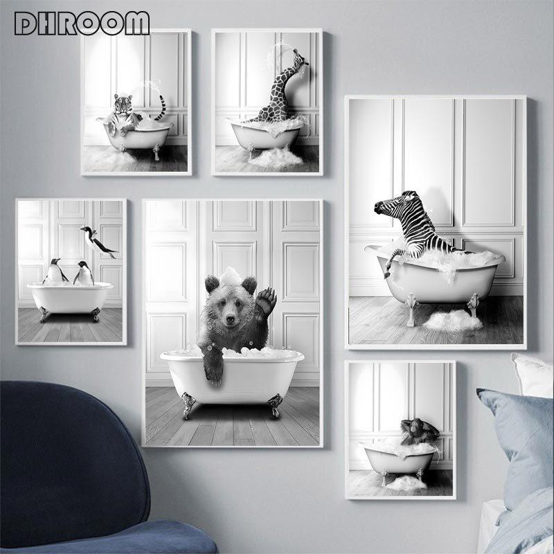 Скандинавский плакат для украшения ванной комнаты, слон, жираф, ванна, животное, черно-белый холст, картина, ретро настенные художественные принты, украшение для дома