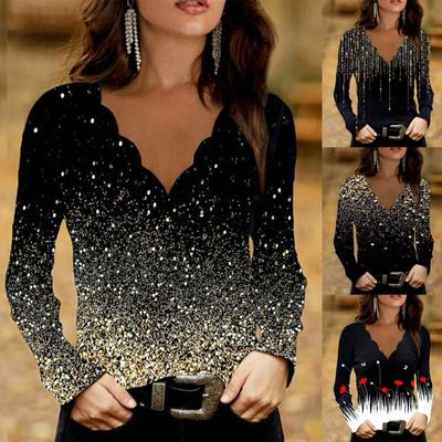 Женская модная тонкая футболка с длинным рукавом с принтом и v-образным вырезом