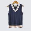 Sweater Vest Men Thicken V-neck Sleeveless Knitted Sweaters Vests Striped Retro Preppy-style Simple Chic Loose Casual