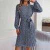Women Fashion Spring And Summer New Casual Long Sleeve Floral Large Hem Pleated Dress