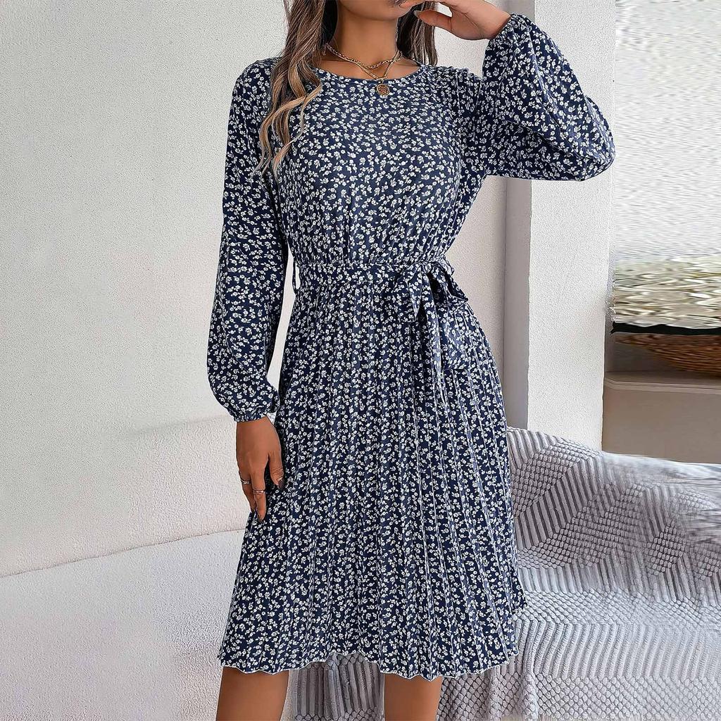 Women Fashion Spring And Summer New Casual Long Sleeve Floral Large Hem Pleated Dress