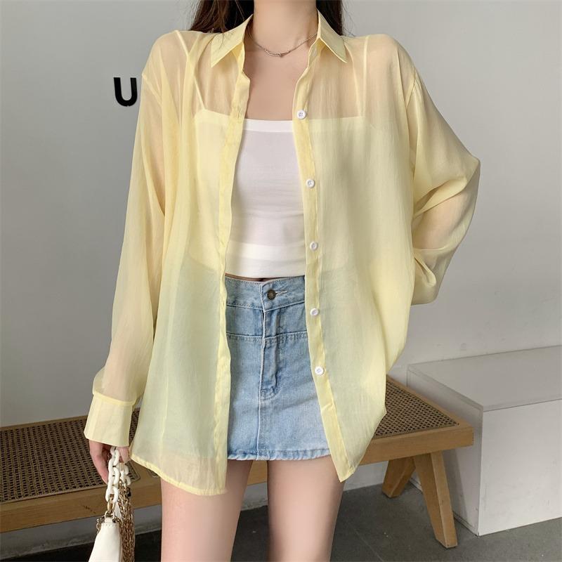 Back Split Lace-up Casual Loose Shirts Women Fashion New See Through Long Sleeve Women's Blouses Thin Breathable Sun Protection Office Lady Tops 26108