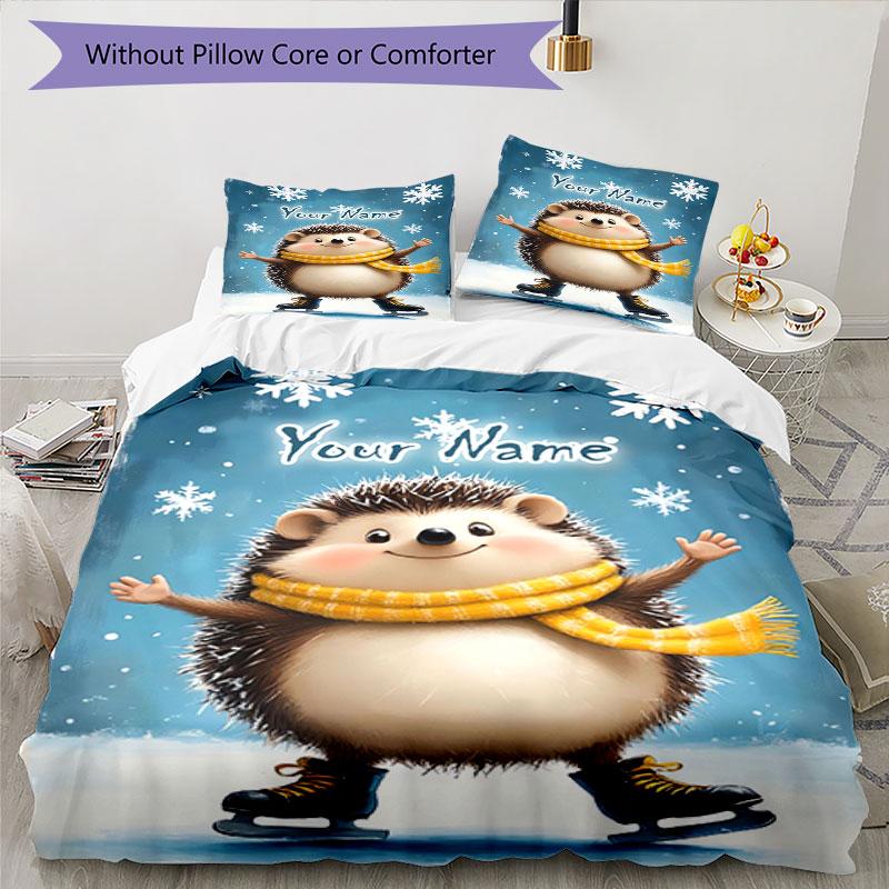3PC Custom Name Hedgehog Ice Winter Scene Bedding Set Printed Bedding Set Duvet Cover Closure Includes 1 Duvet Cover & 2 Pillowcases for All Seasons B