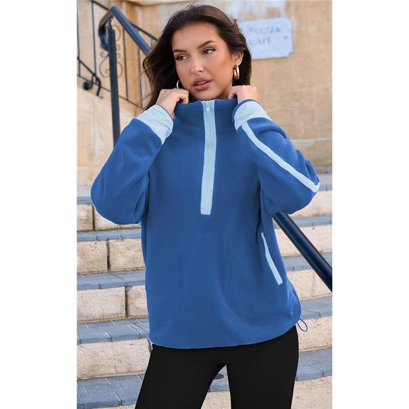 Women's Color Block Striped Half Zip Polo Sweatshirt Loose Long Sleeve Casual Pullover Top