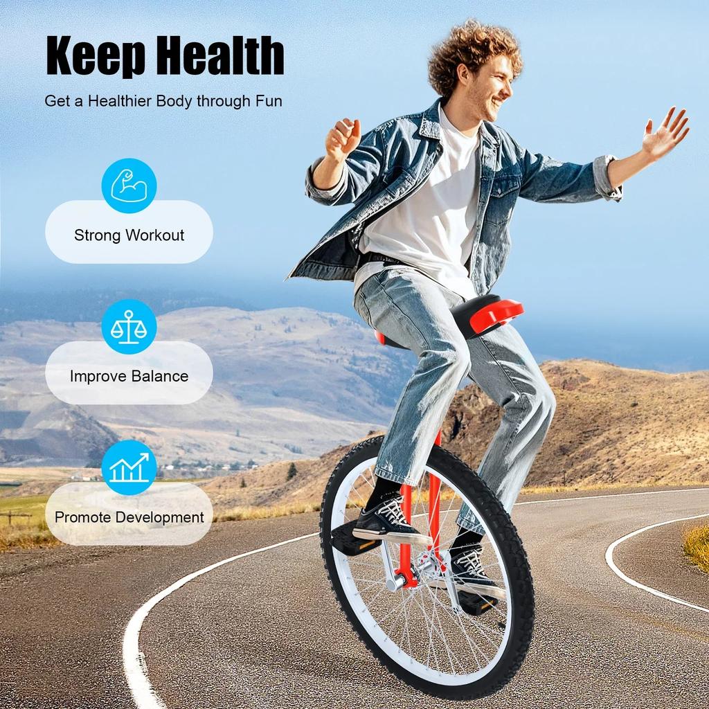 24-дюймовый красный уличный одноколесный велосипед с нескользящими педалями - регулируемая высота, одноколесный велосипед, выдерживает 154 фунта для тренировки баланса и фитнеса