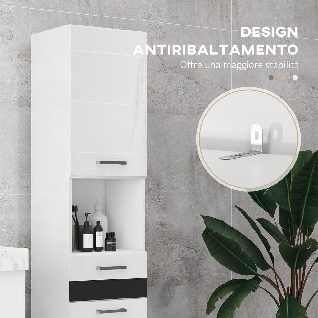 Bathroom Column in MDF with Open Shelf, Drawer and Closed Cupboard, 37x32.5x170 cm, White