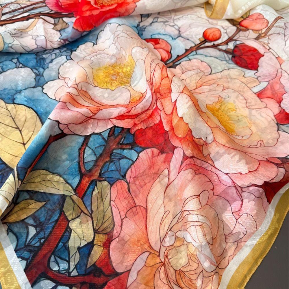 Soft Silk Scarves Peony Flower Female Shawl Wrap Fashion Women Head Scarf Summer