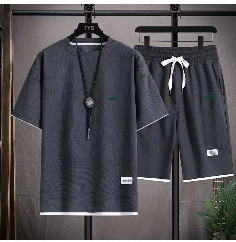 8 Colors S-4XLCasual Suit Summer New Waffle Loose Casual Two-piece Set Cross-border Sports Suit Men's Short Sleeves