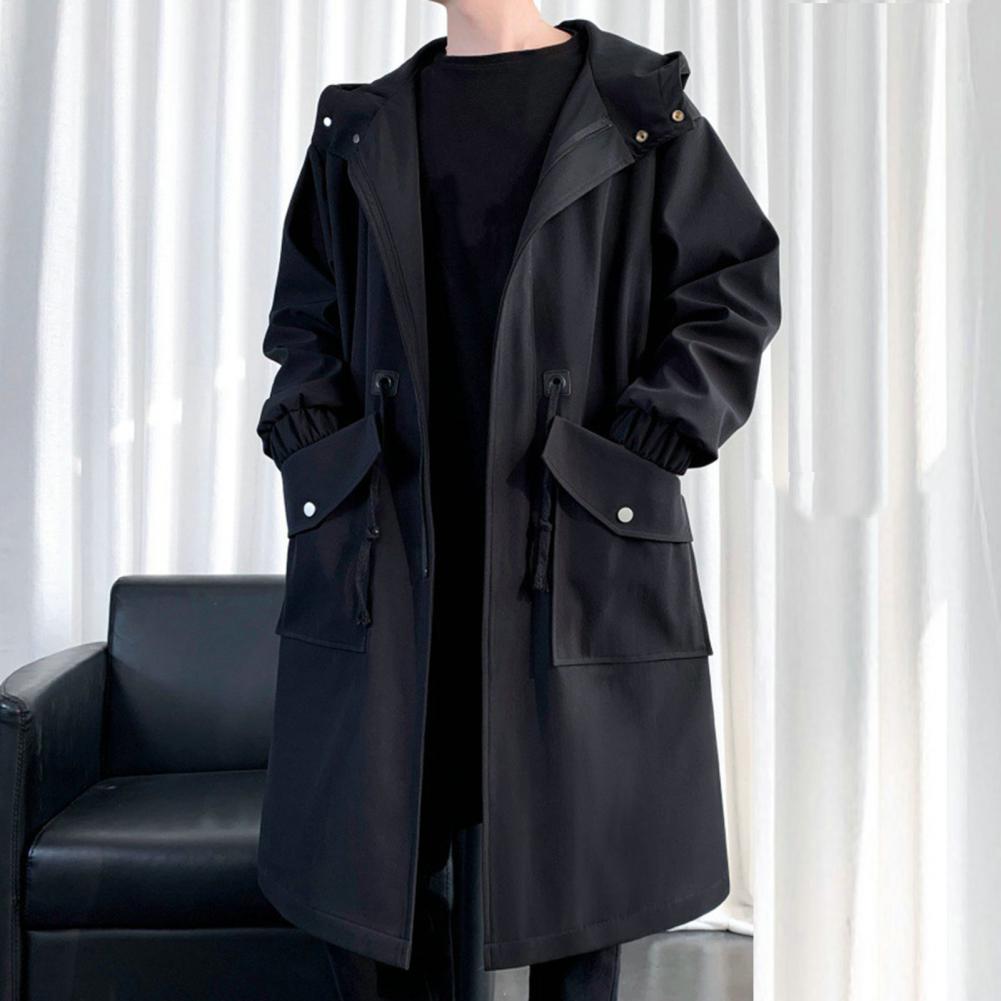 Men Trench Coat Hooded Loose Mid Length Big Pockets Long Sleeve Windproof Solid Color Zipper Closure Anti-wrinkle Elastic Cuff S