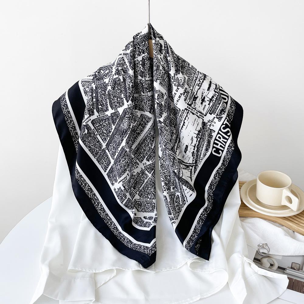 New Scarf Abstract Letter Color Block Shawl Imitation Silk Square Scarf Thin Light Breathable Scarf Twill Headscarf