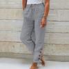 Womens Summer Elastic Waist Pocket Pocket Solid Color Cotton Linen Wide Leg Pants Loose Nine Points Pants