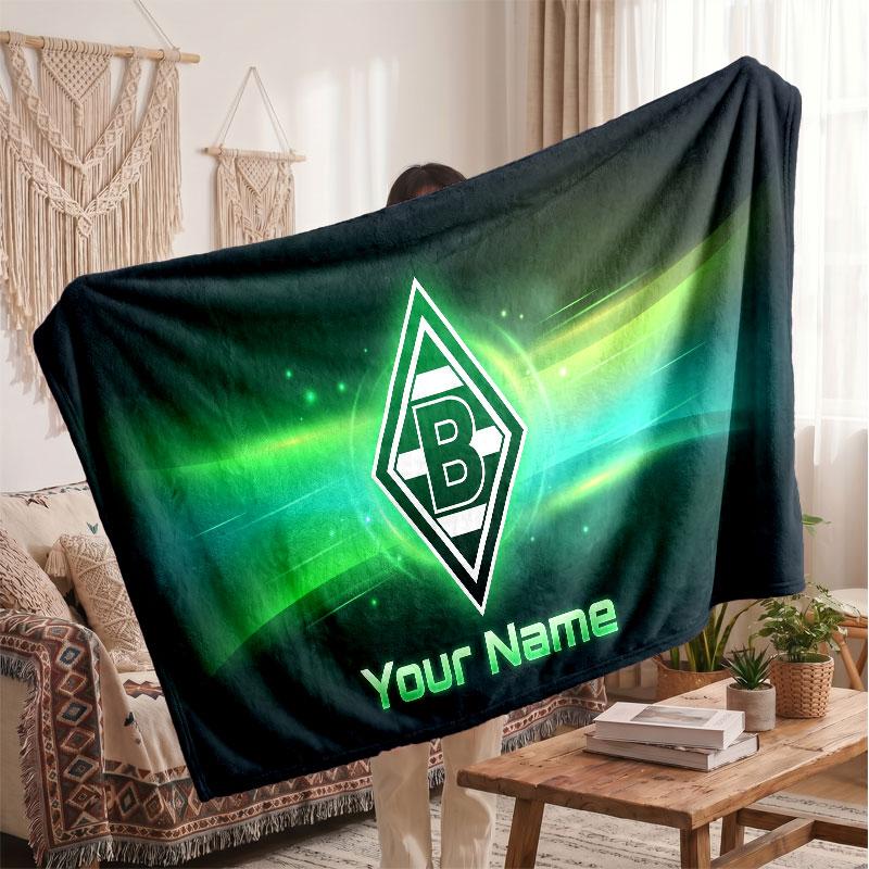 Borussia Mönchengladbach Personalized Fleece Blanket With Football Logo, Custom Name Text Soft Warm Home Throw Blanket