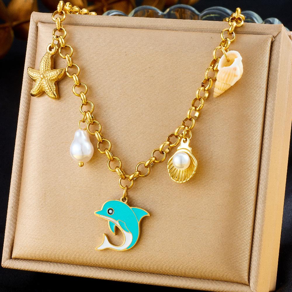 Fashion Vacation Ocean Drop Oil Dolphin Pearl Shell Starfish Chunky Chain Necklace
