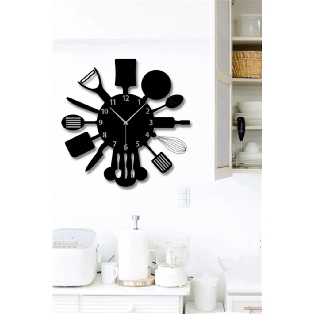 Black Wooden Kitchenware Fork Knife Spoon Wall Clock