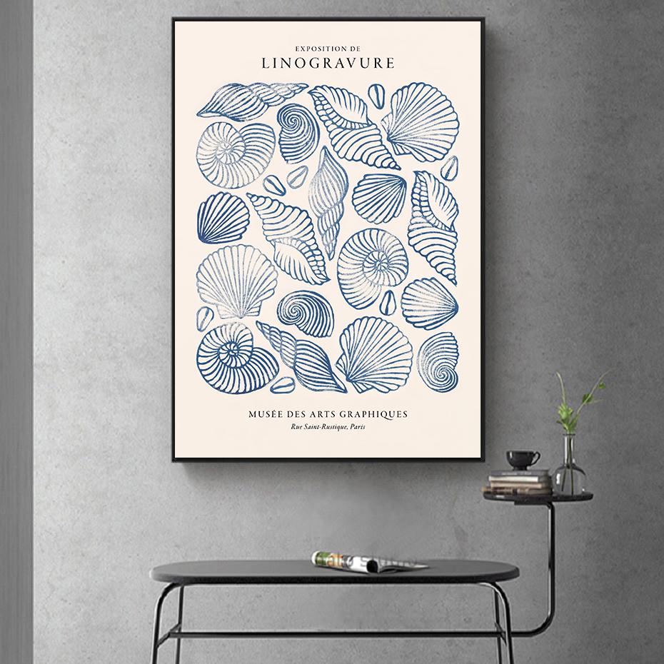 Vintage Blue Coastal Decor Posters, Conch Seashell Wall Arts Prints, Summer Ocean Themed Prints Blue Conch Posters Unframe