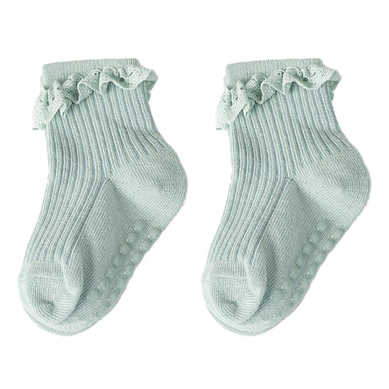 Милые кружевные носки для девочки, нескользящие, однотонные, хлопковые, для малышей и младенцев, дышащие, детские носки для пола для девочки