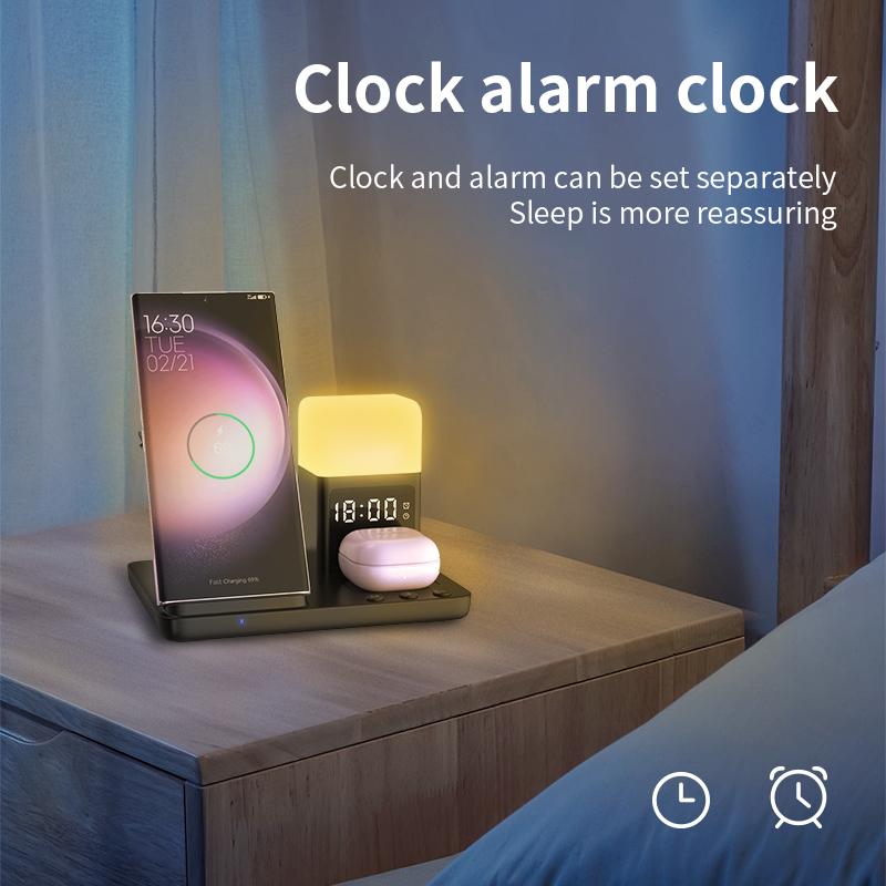 Desktop Multifunctional 15w Fast Charger 6 in 1 Wireless Charger with Alarm Clock Night Light for Samsung for iphone