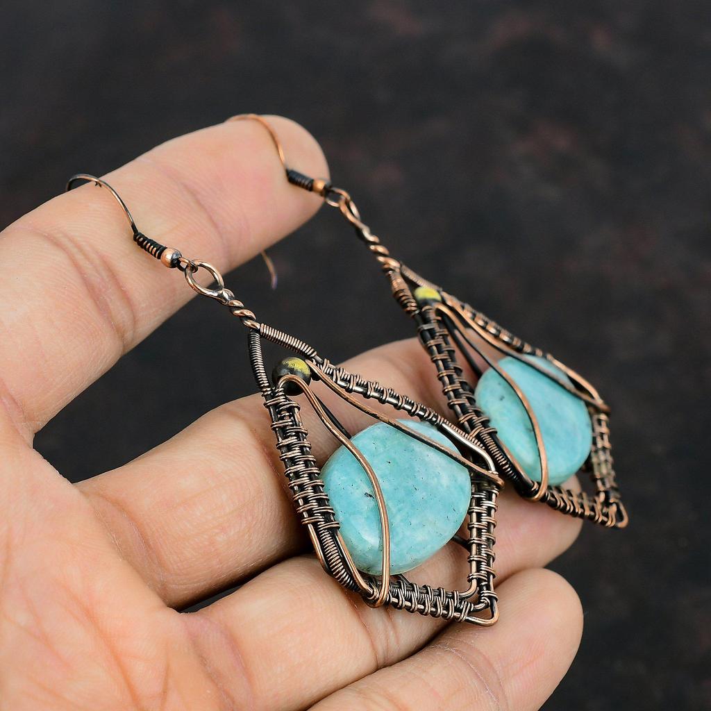 Amazonite Earring Copper Wire Wrapped Gemstone Earrings Handmade Elegant Earring Antique Copper Jewelry Gifts For Mother Birthstone Jewelry