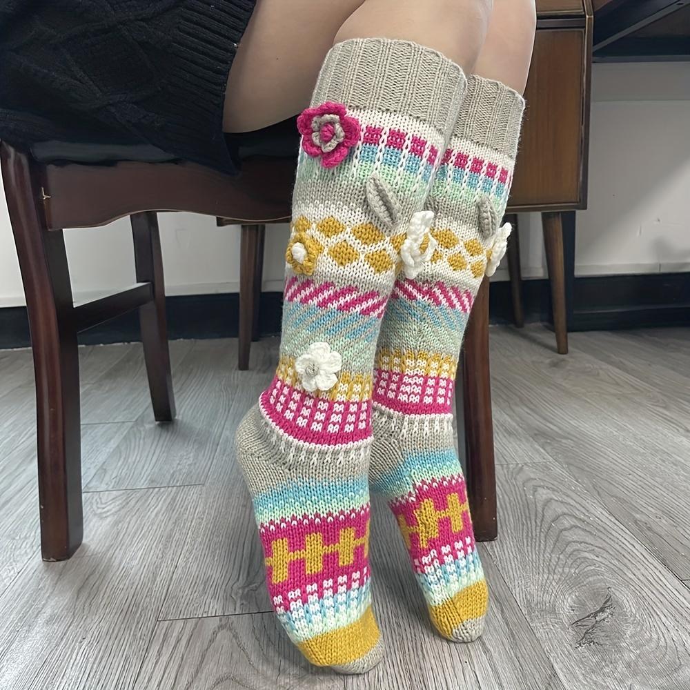 1 Pair Colorful Mid-Calf Women's Floor Sock Handmade Crochet Autumn Winter Long Hand-Crocheted Socks Keep Out the Cold Stay Warm