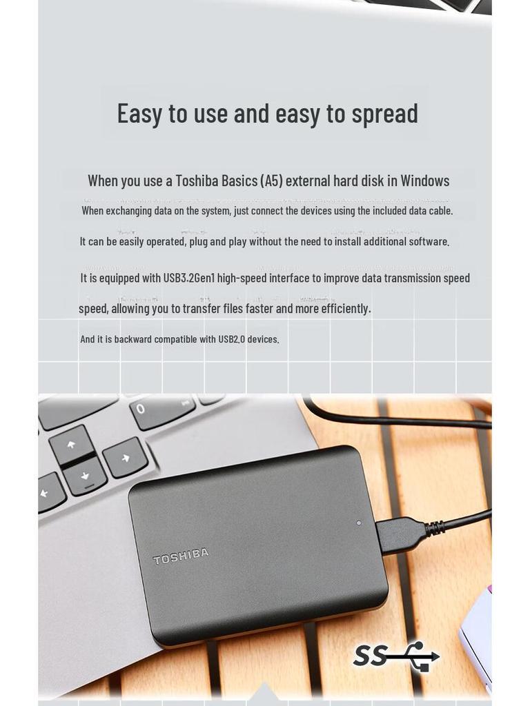 Мобильный жесткий диск Toshiba 1 ТБ/2 ТБ A5 черного цвета, USB 3.2, 2,5", совместимый с Mac, тонкий и легкий