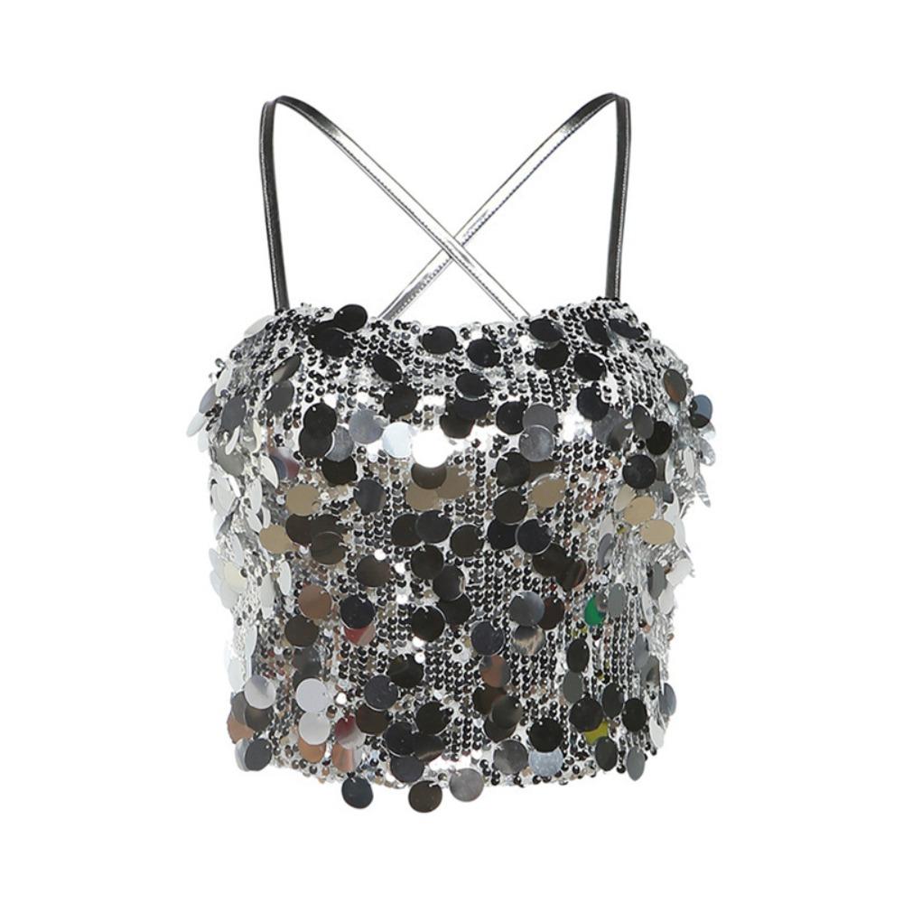 Beachwear Silver Sequin Camisole Short Women's Lace-Up Vest Design Glitter Tank Top  Vacation