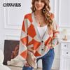Winter Women's Sweater Cardigan V-Neck Geometric Splicing Clashing Colours Knitted Cardigan Casual Loose Jacket