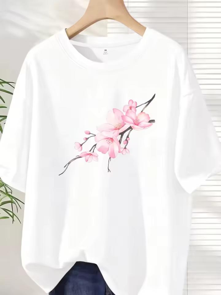 2026 Pink Flowers Plus Size Women's Round Neck Short Sleeve T-shirt with Elastic Half Sleeves and Trendy Prints