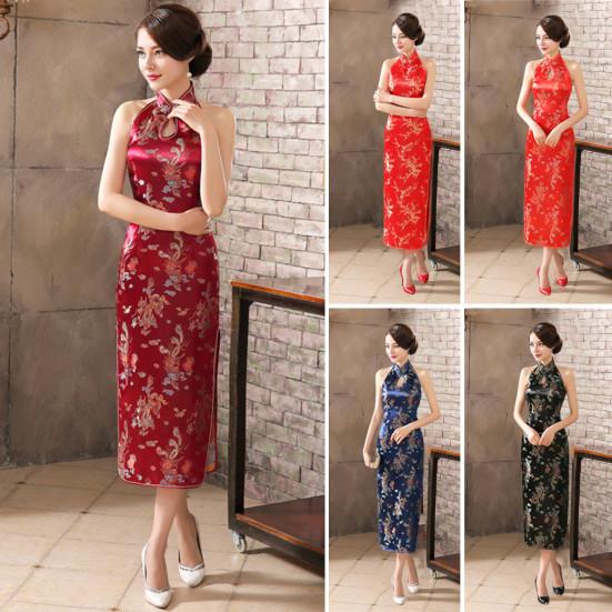 Women Summer Cheongsam Stand Collar Printing Off Shoulder Backless Split Hem Hollow Out Sleeveless Qipao Slim Fit Retro