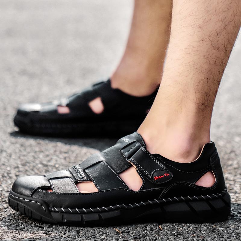 Мужские сандалии ручной работы, уличные сандалии, летние мужские сандалии из натуральной кожи в сетку в стиле ретро, повседневные пляжные сандалии