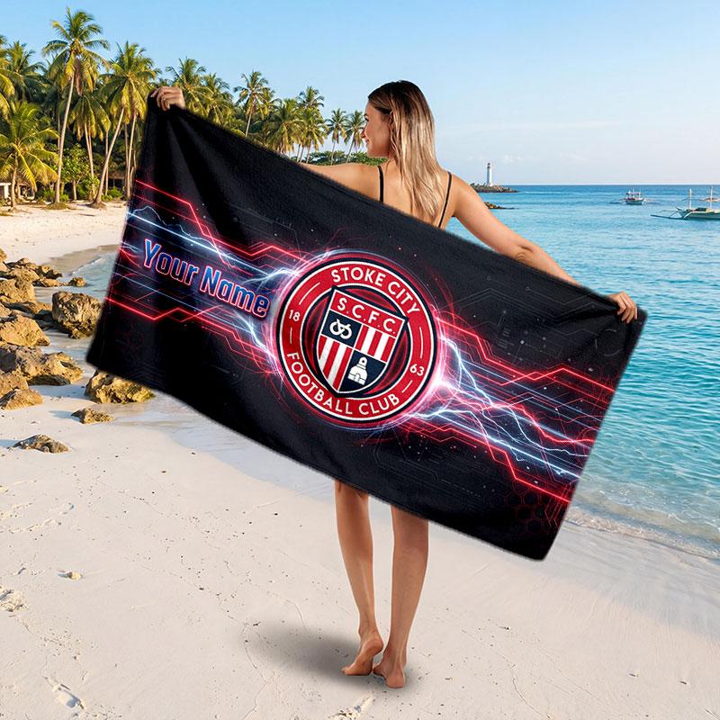 Stoke City FC Custom Beach Towel, Personalized Name Text Print, Football Logo Soft Quick‑Dry Towel Holiday Gift