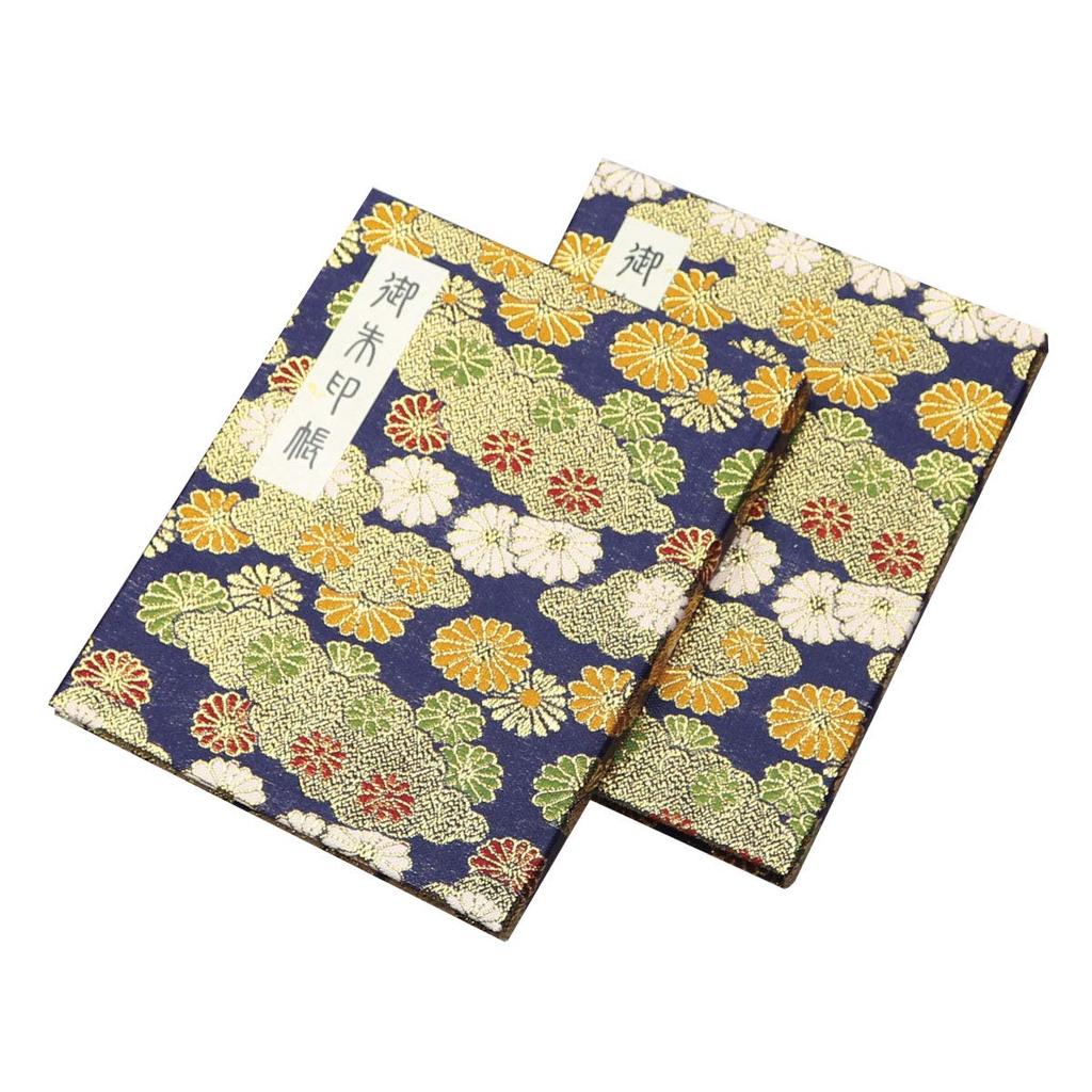 Goshuin Book, 60 Pages, Book Type, Vinyl Cover Included, Hotokudo Original Bookmark Included, Gold Brocade, Chrysanthemum Pattern, Navy Blue