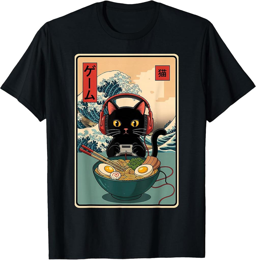 Cute Retro Japanese Cat Gamer T-Shirt with Ramen