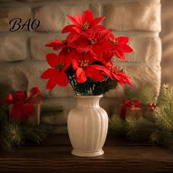 Vibrant Red Poinsettia Bunch for Home Artificial Flowers, Christmas Bouquet with Berries, Faux Silk Realistic Decorative Plants Floral Stems