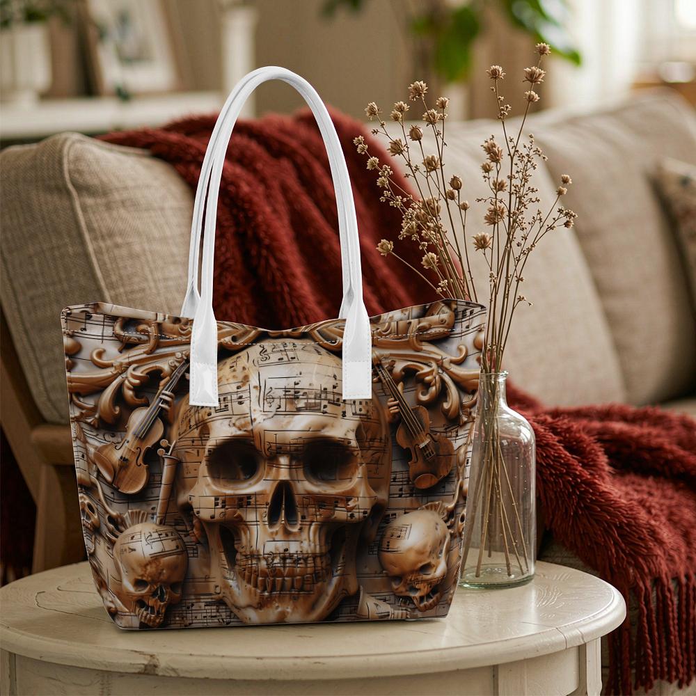 Gothic Skull Music Pattern Tote Bag Retro Casual Shoulder Handbag for Daily Use