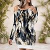 Women Plus Size One Shoulder Long Sleeve White Navy Blue Printed Bodycon Mini Dress