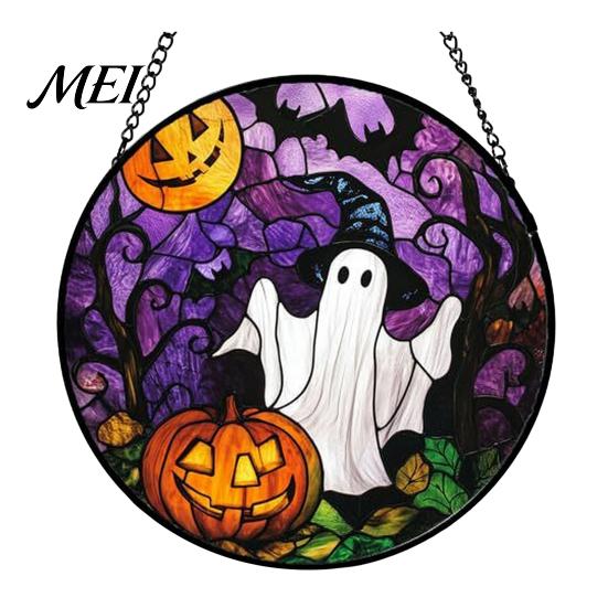 Halloween Window Decorations Stained Glass Suncatcher Ornament, Vintage Hanging Decor with Pumpkin Ghost Bat Witch Unique Holiday Art Hat Pattern,