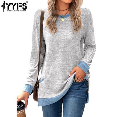 Женские модные повседневные весенне-осенние однотонные блузки и рубашки с круглым вырезом с длинными рукавами и принтом