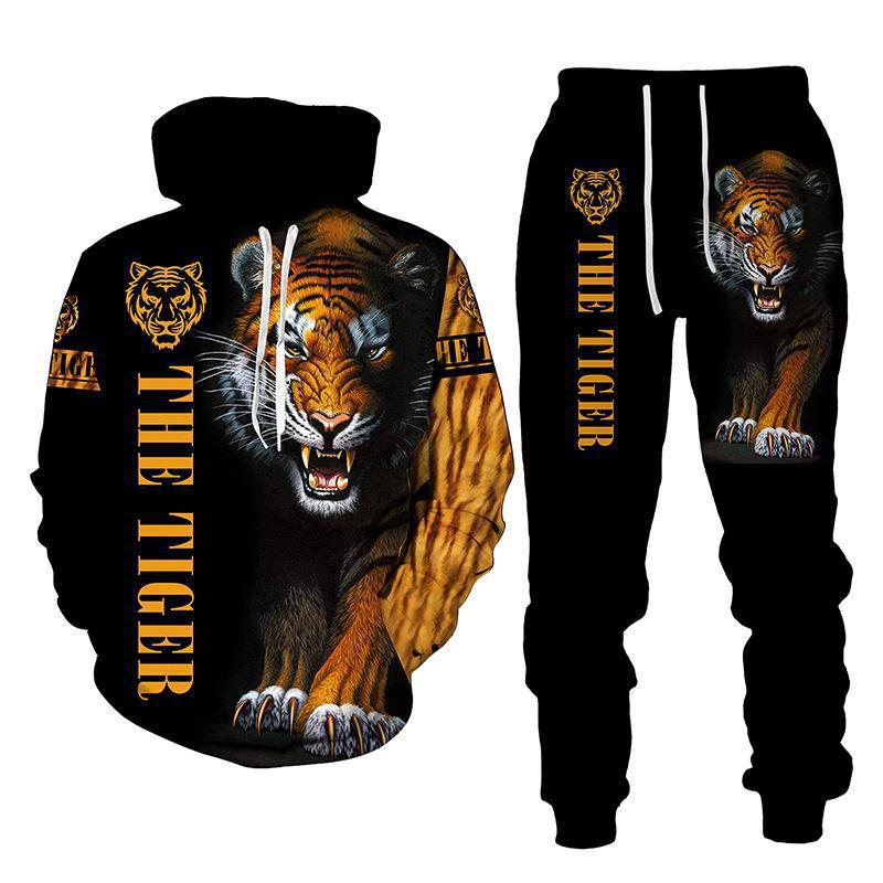 Весна Осень Мужские Длинные Рукава Пуловеры Tiger Series 3D Печатный Толстовка Модная Уличная Одежда Толстовки Спортивные Штаны Комплект Из 2 Частей