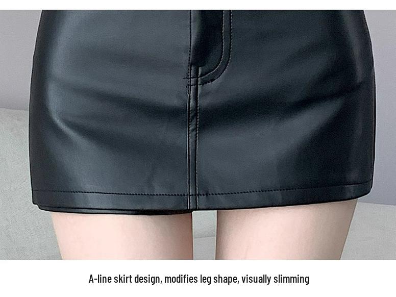 Black PU Midi Skirt: High Waist Textured A-line Bodycon Leather Skirt, Hot Girl Super Short, 2025 Spring Collection.