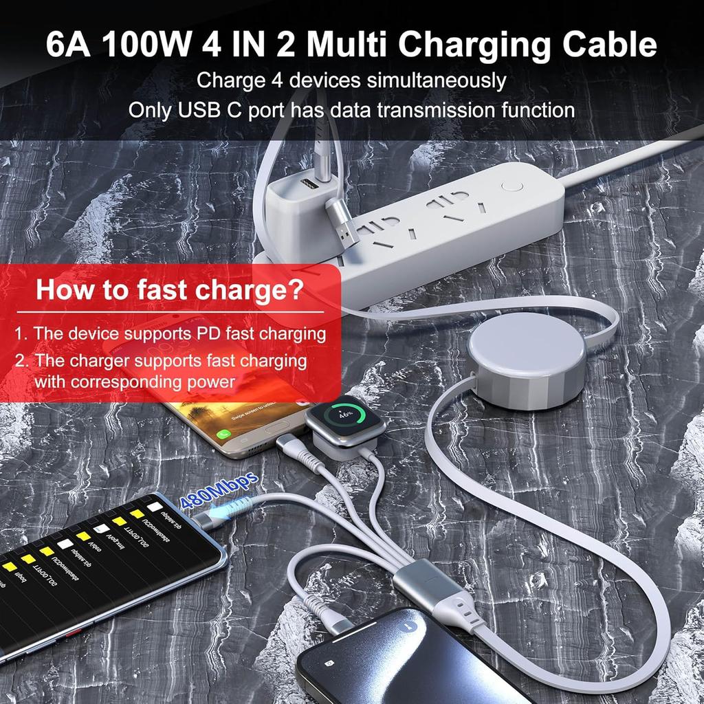 Улучшенный мульти-зарядный кабель 4 в 2 для зарядки Apple Watch, 100 Вт выдвижной кабель быстрой зарядки для iPhone, iPad, iWatch, Совместим с
