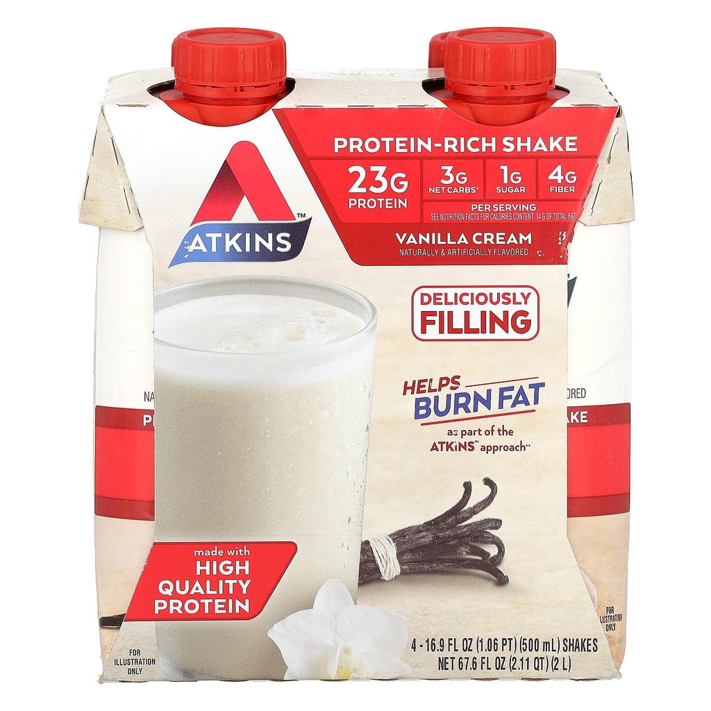 Atkins Protein Rich Shake, Vanilla Cream, 4 Packets, 16.9 Fl Oz (500 Ml) Each