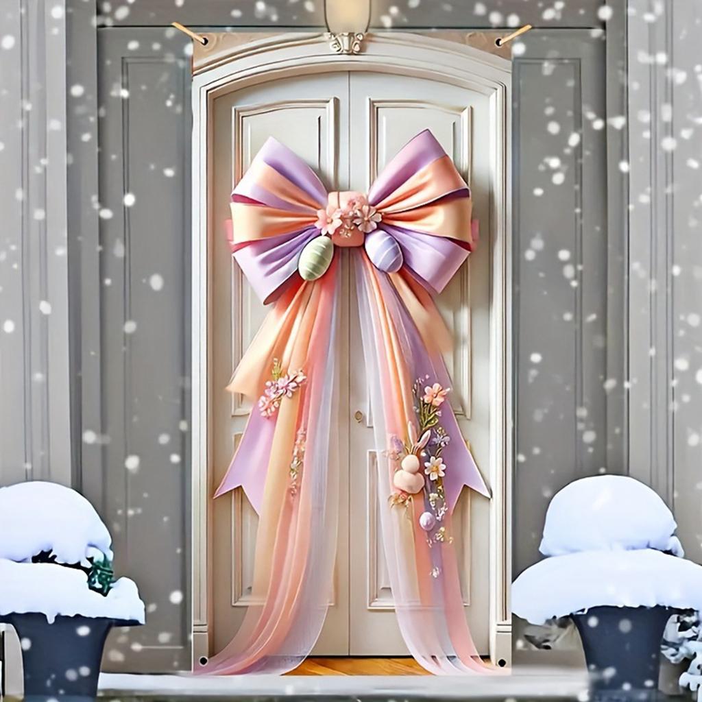 Дверной флаг на Пасхальную тематику с рисунком Пасхального кролика и морковки. Праздничное украшение, подходящее для входа в праздничный сад.